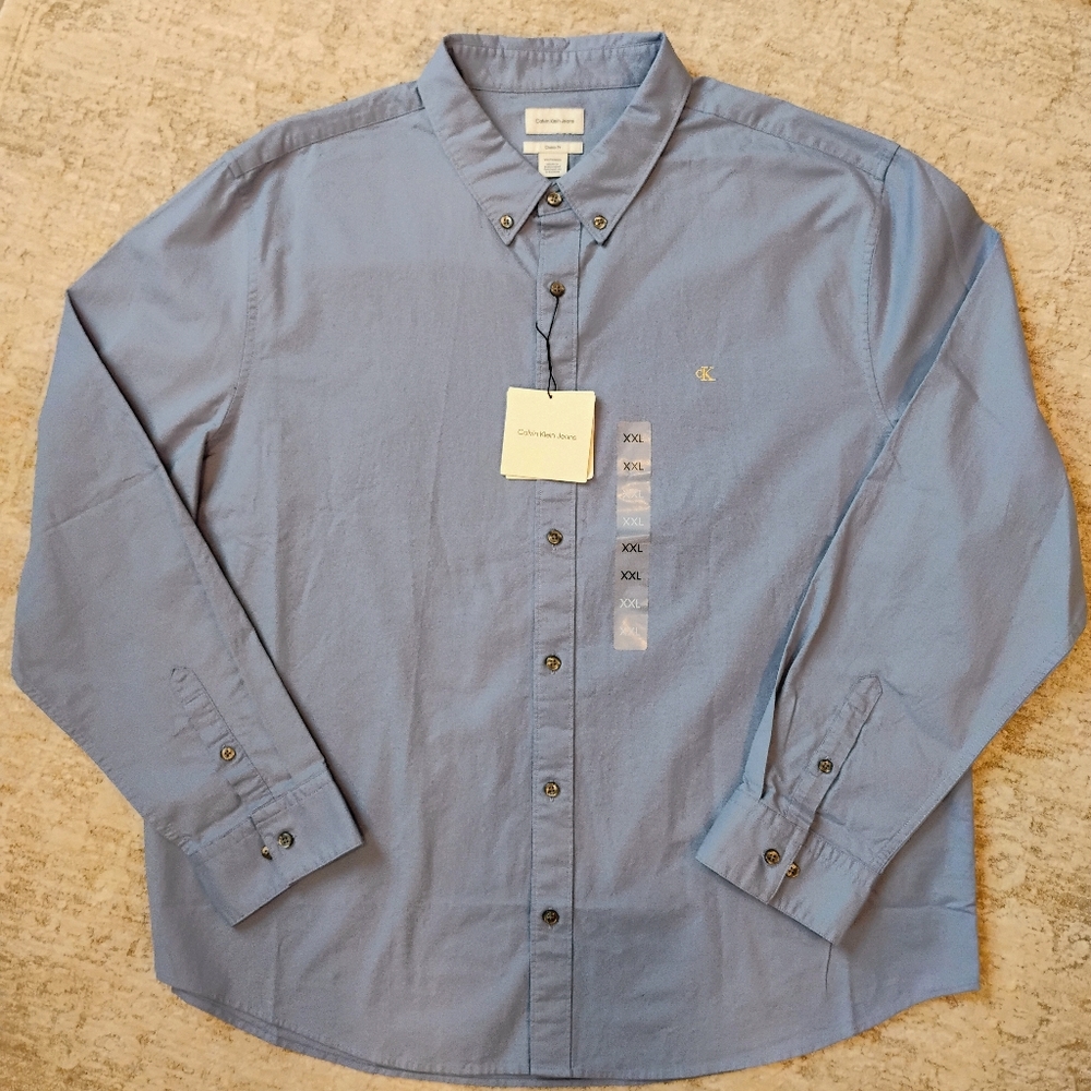 NWT 2XL Calvin Klein Jeans Long Sleeve Button Up Stretch Oxford Shirt Blue NEW